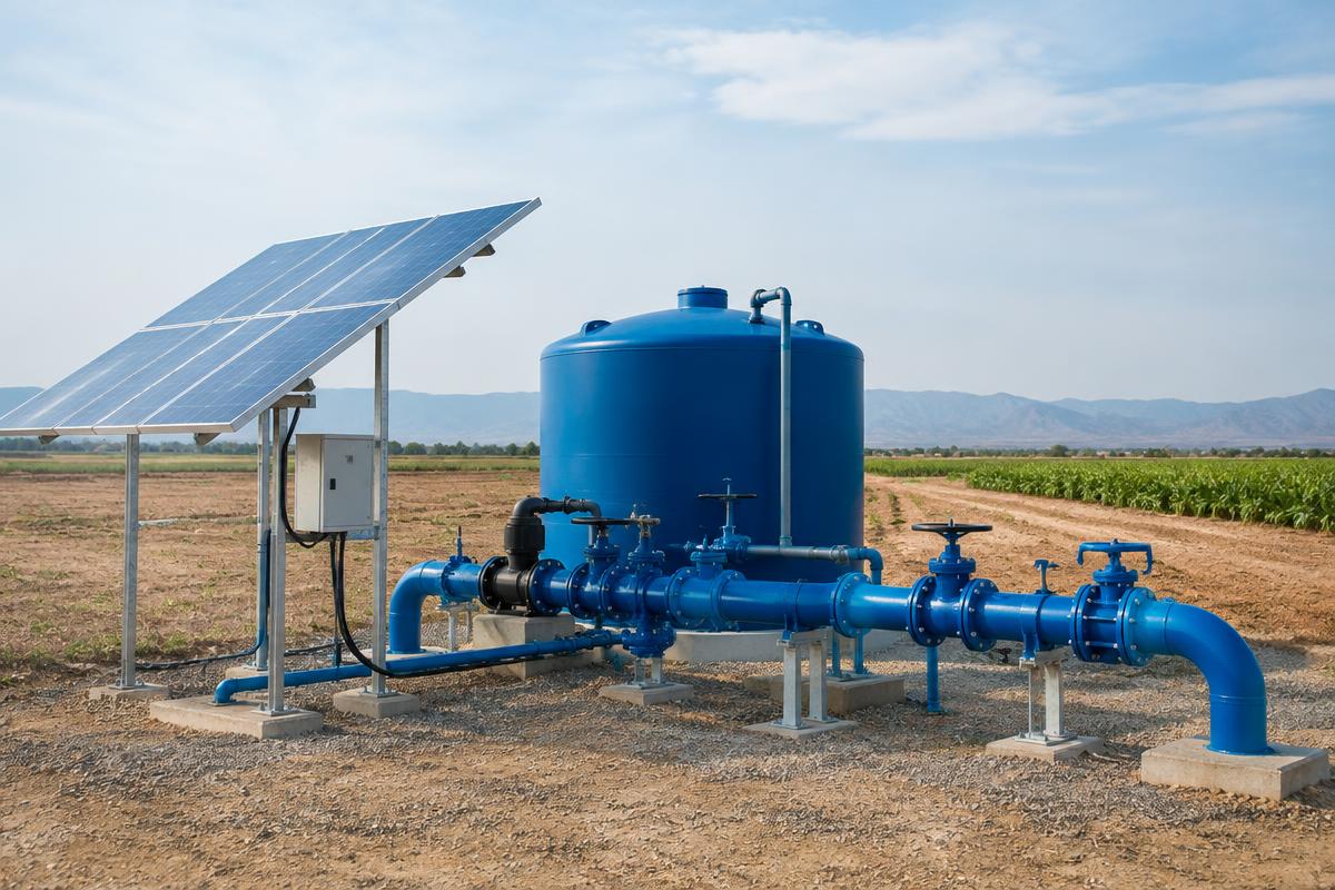 Solar-powered agricultural pumping station with storage tank