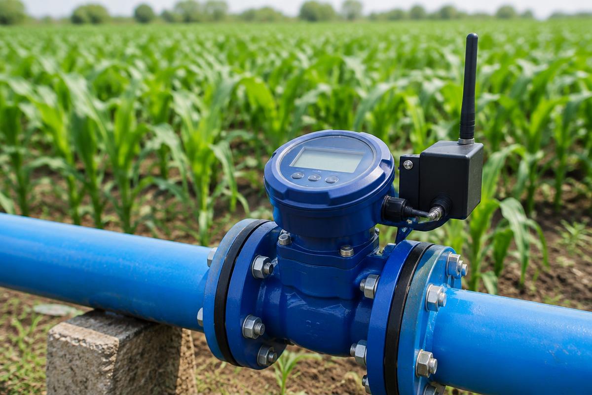 Smart water meter installed on an irrigation pipe