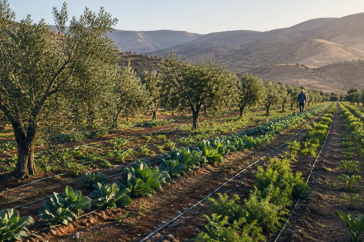 Drip-irrigated olive and vegetable fields at sunrise